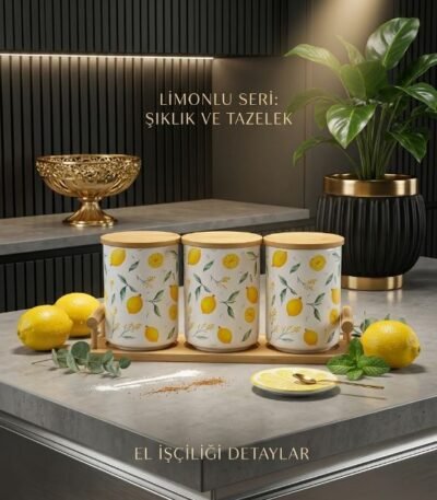 Limon naxışlı 3-lü saxlama qabı dəsti – bambuk stendli