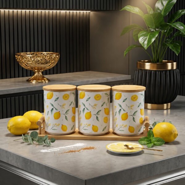 Limon naxışlı 3-lü saxlama qabı dəsti – bambuk stendli