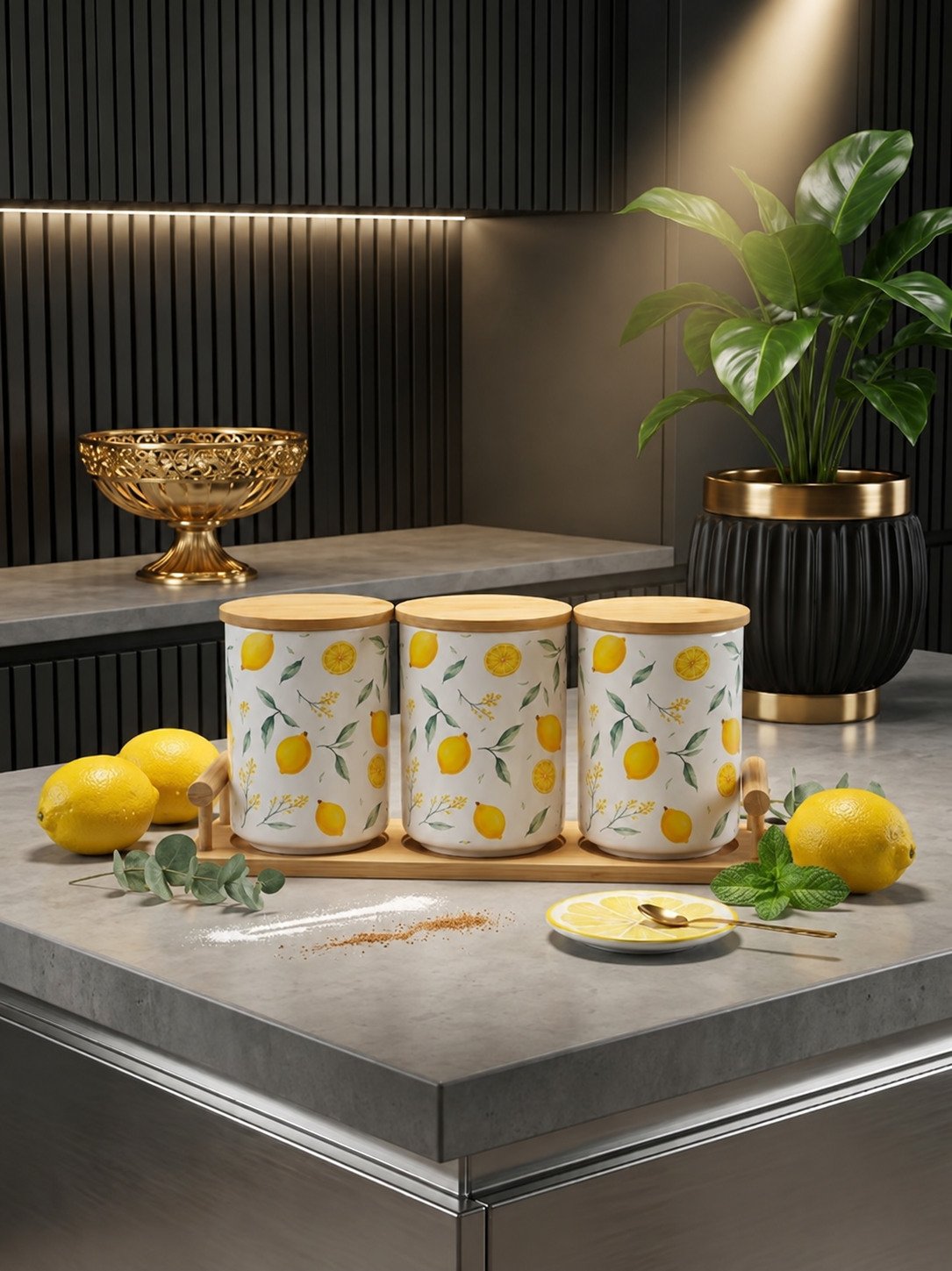 Limon naxışlı 3-lü saxlama qabı dəsti – bambuk stendli Limon naxışlı 3-lü saxlama qabı dəsti – bambuk stendli
