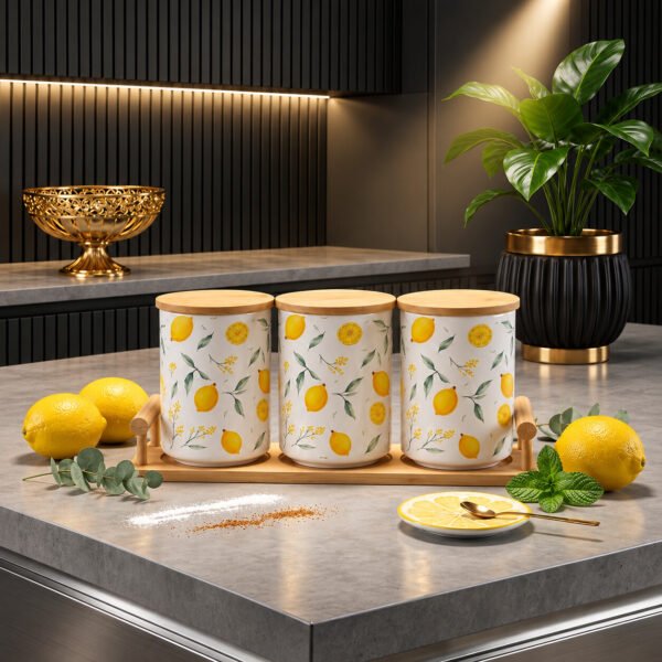 Limon naxışlı 3-lü saxlama qabı dəsti – bambuk stendli