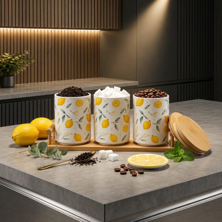 Limon naxışlı 3-lü saxlama qabı dəsti – bambuk stendli