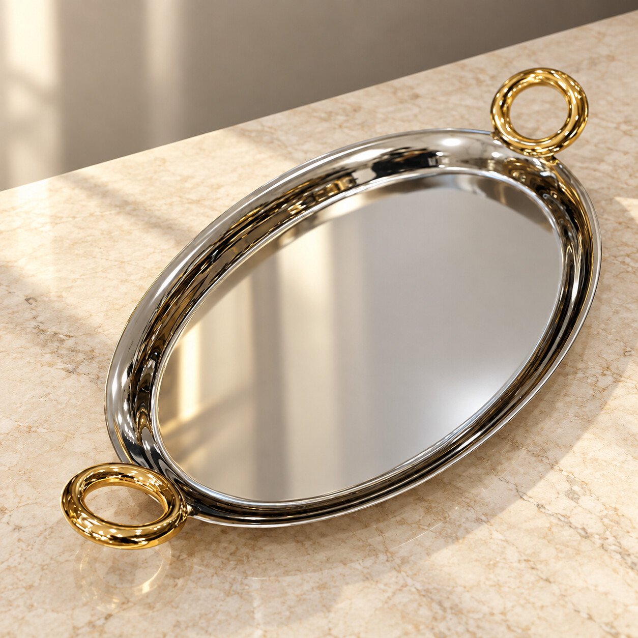 Özlife 18/10 oval servis sinisi – qızılı qulplu, hamar Özlife 18/10 oval servis sinisi – qızılı qulplu, hamar