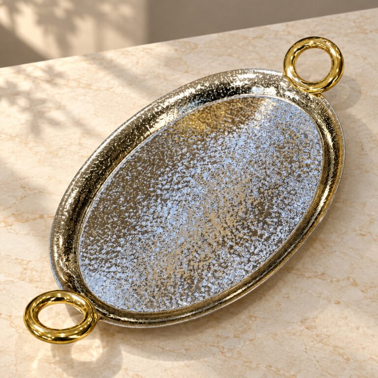 Özlife 18/10 oval servis sinisi – qızılı qulplu, naxışlı