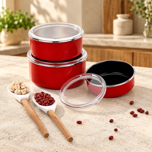 Bonera 3-lü saxlama qabı – 14/16/18 sm, qırmızı