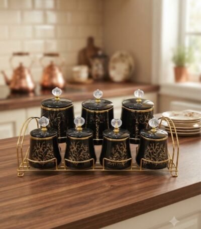 7-li keramika ədviyyat qabı dəsti – qara-qızılı