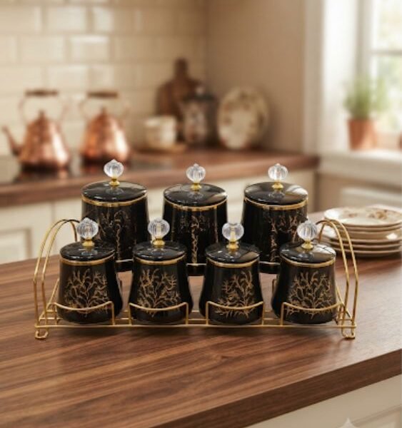 7-li keramika ədviyyat qabı dəsti – qara-qızılı