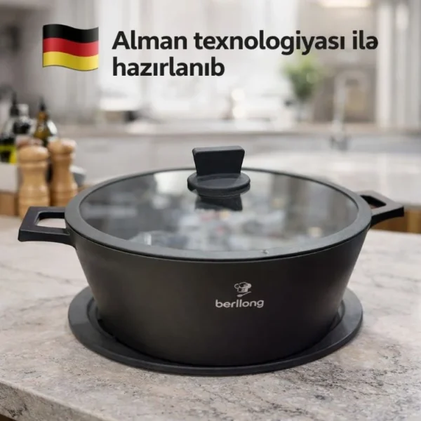 Berllong Greblon dərin qazan, şüşə qapaqlı