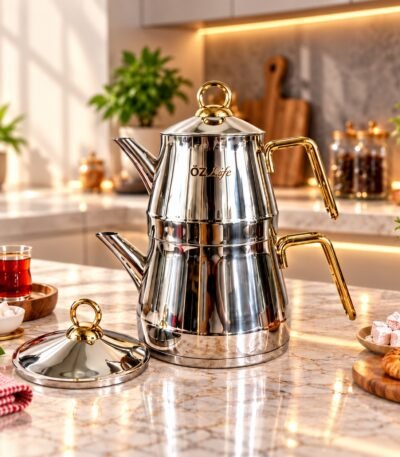Özlife 18/10 çaydan dəsti – 2,2 l + 1 l, qızılı qulplu