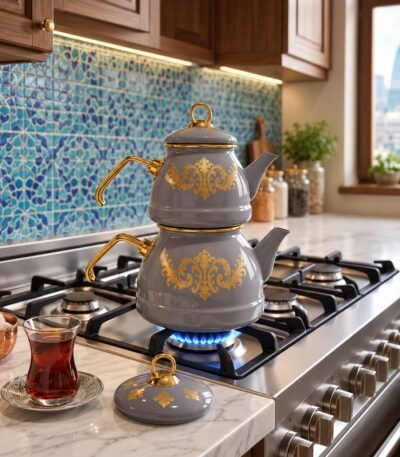 Shosman emal çaydan dəsti – 2,6 l + 1,4 l, boz, qızılı naxışlı