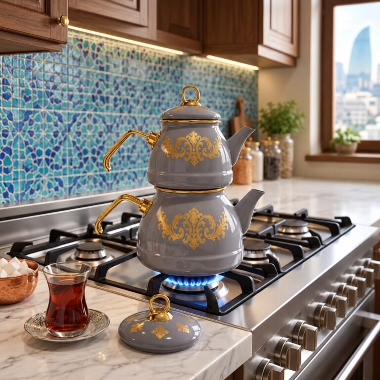 Shosman emal çaydan dəsti – 2,6 l + 1,4 l, boz, qızılı naxışlı